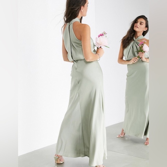 ASOS edition satin ruched halter neck maxi dress, sage green, US 4 - Picture 8 of 8